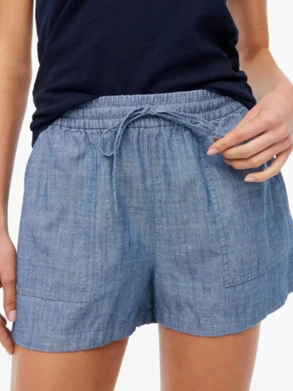 J. Crew Factory Chambray Shorts Womens L Pull On Elastic Waist Blue Two Pockets